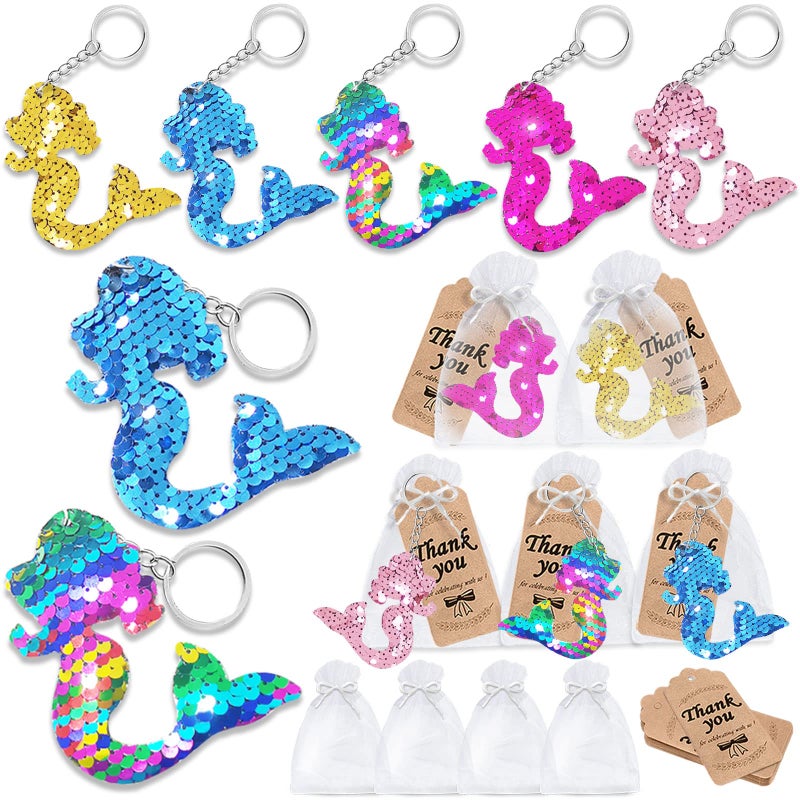 CiciBear 60 Pack Mermaid DoubleDeck Flip Sequin Party Sets with 20 Keychains 20 Thank You Tags and 20 Bags for Forest Animal PartyBirthdayCarnival Goodie Bag Stuffers 5 Colors - Image 2