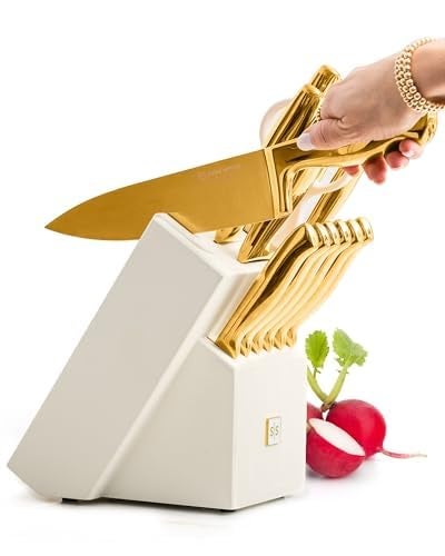 STYLED SETTINGS White and Gold Knife Set with Block – 14-PC Full Tang Titanium-Coated Stainless Steel Gold Knives and White Knife Block with Built-In Sharpener – Luxury Kitchen Accessories - Image 1