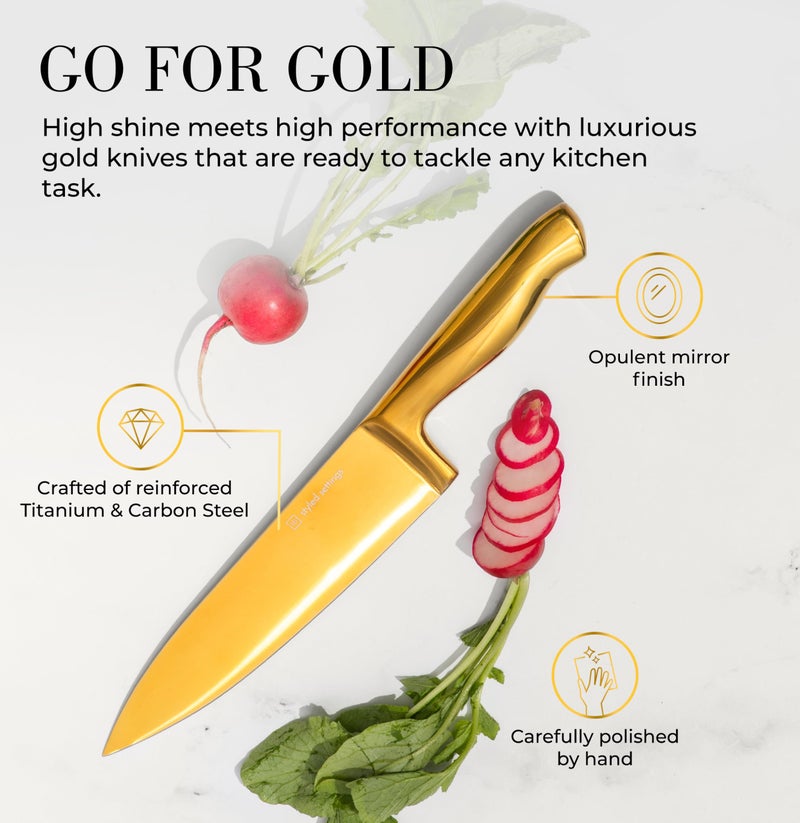 STYLED SETTINGS White and Gold Knife Set with Block – 14-PC Full Tang Titanium-Coated Stainless Steel Gold Knives and White Knife Block with Built-In Sharpener – Luxury Kitchen Accessories - Image 5