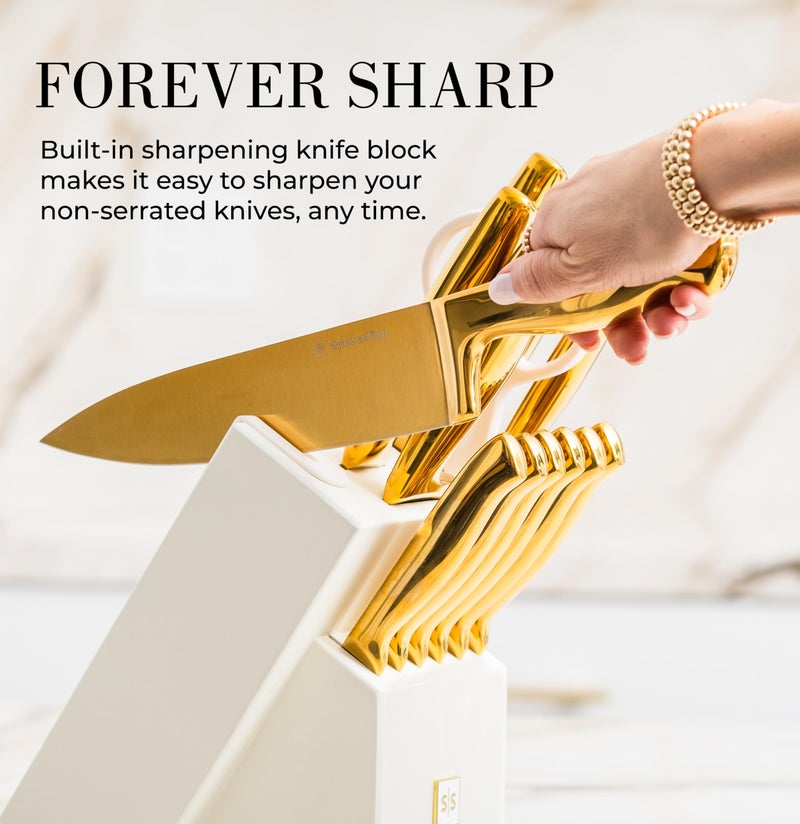 STYLED SETTINGS White and Gold Knife Set with Block – 14-PC Full Tang Titanium-Coated Stainless Steel Gold Knives and White Knife Block with Built-In Sharpener – Luxury Kitchen Accessories - Image 2