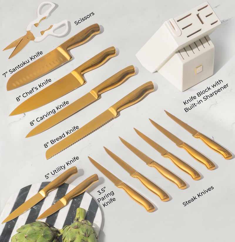 STYLED SETTINGS White and Gold Knife Set with Block – 14-PC Full Tang Titanium-Coated Stainless Steel Gold Knives and White Knife Block with Built-In Sharpener – Luxury Kitchen Accessories - Image 3