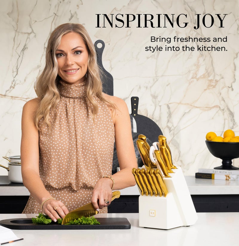 STYLED SETTINGS White and Gold Knife Set with Block – 14-PC Full Tang Titanium-Coated Stainless Steel Gold Knives and White Knife Block with Built-In Sharpener – Luxury Kitchen Accessories - Image 4
