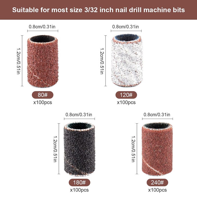 Rolybag Sanding Bands for Nail Drill 240 Pieces 3 Color Coarse Fine Grit Efile Sand Set 80#120#180#240#,2 Pieces 3/32 Inch Nail Drill Bits for Manicures and Pedicures - Image 3