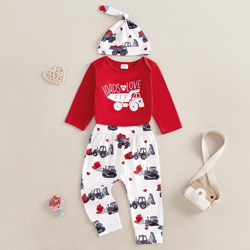 Frietlebird My First Valentines Day Baby Boy Outfit Long Sleeve Letters Romper Pants With Hat Valentines Day Baby Boy Outfit (V-Red 6-12 Months) - Image 2