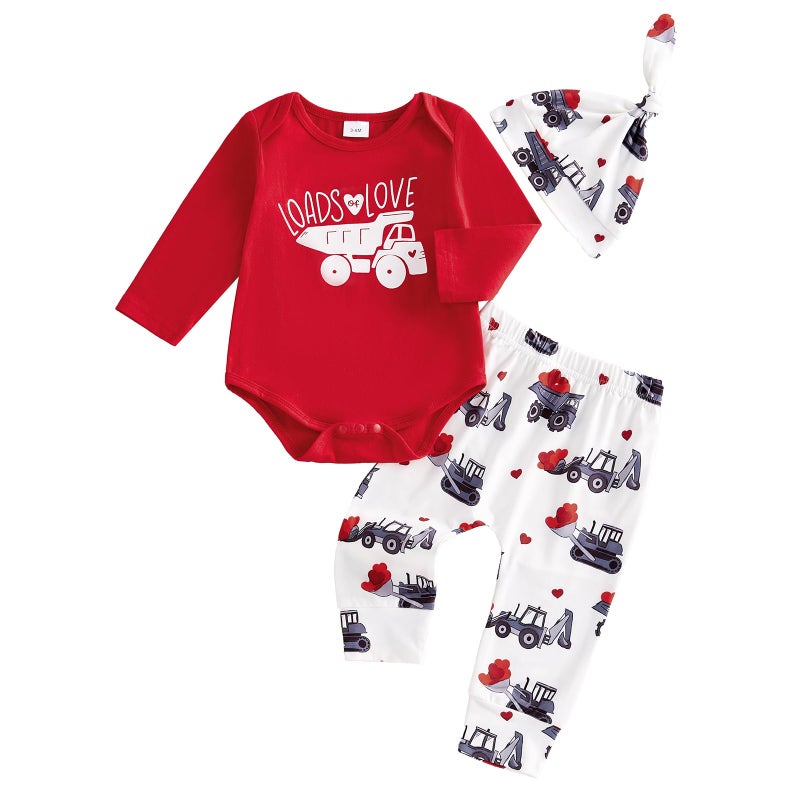 Frietlebird My First Valentines Day Baby Boy Outfit Long Sleeve Letters Romper Pants With Hat Valentines Day Baby Boy Outfit (V-Red 6-12 Months) - Image 1