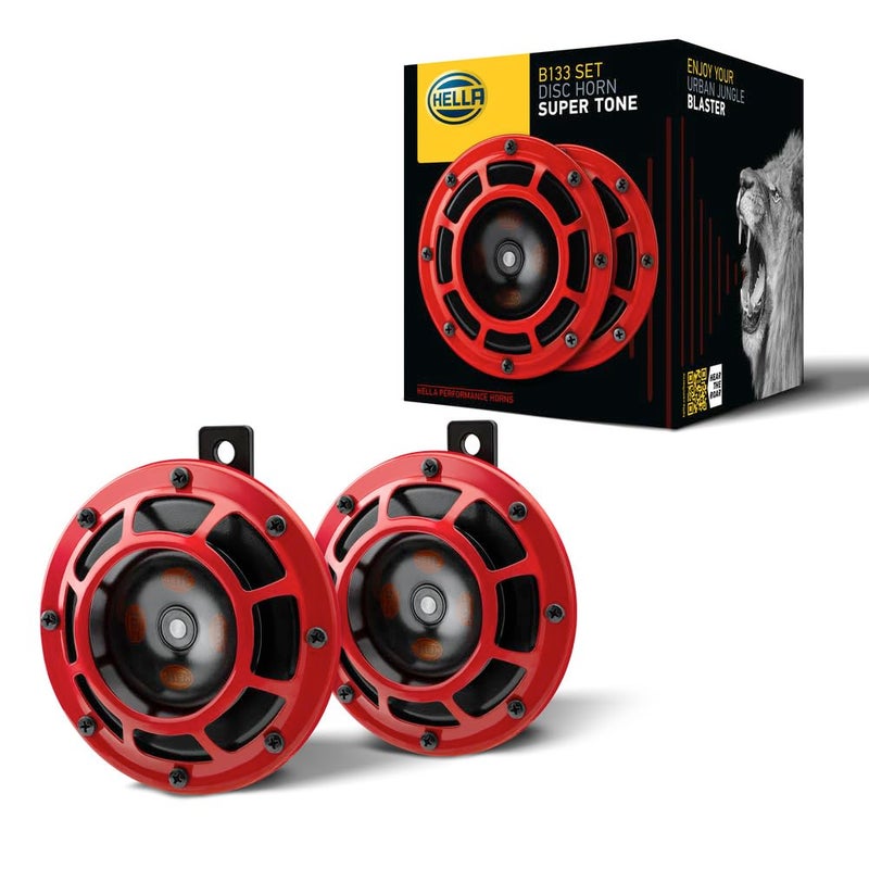 Hella 003.399-842 Red Grill Super tone Horn Set (12V,300/500 Hz,105-118 dB @ 2 m) | For Bikes and Cars | Red - Image 1
