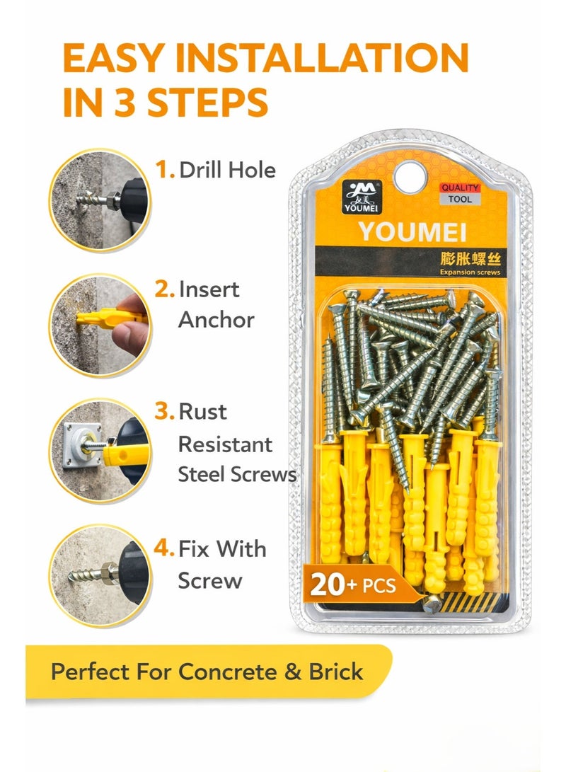 YOUMI Expansion Wall Anchors with Screws – Plastic Wall Plugs for Concrete & Brick – Easy Installation – 20+ Pieces - Image 2