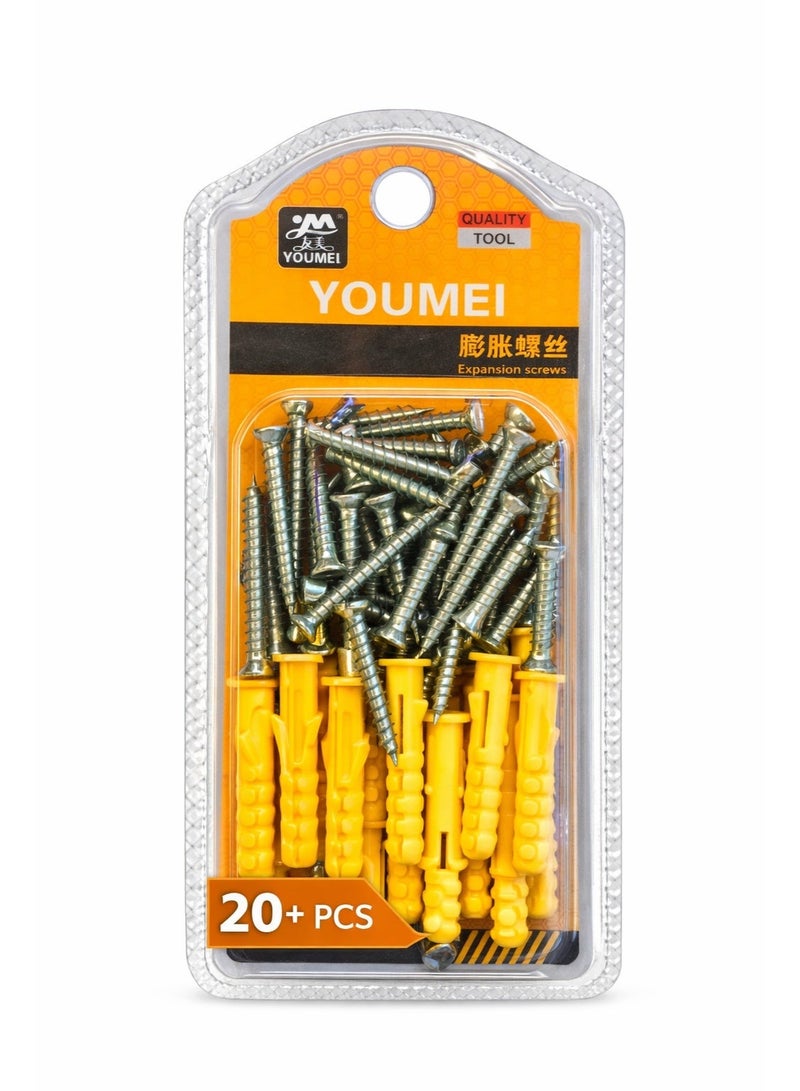 YOUMI Expansion Wall Anchors with Screws – Plastic Wall Plugs for Concrete & Brick – Easy Installation – 20+ Pieces - Image 1