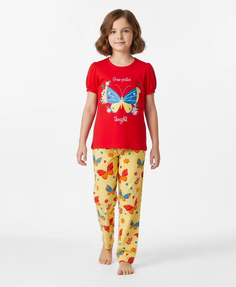 Pine Kids Pine Kids Single Jersey Knit Half Sleeves Night Suit With Butterfly Print - Red & Yellow