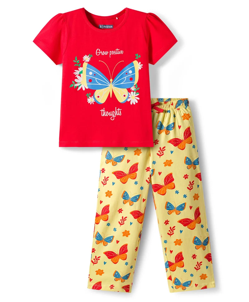 Pine Kids Pine Kids Single Jersey Knit Half Sleeves Night Suit With Butterfly Print - Red & Yellow