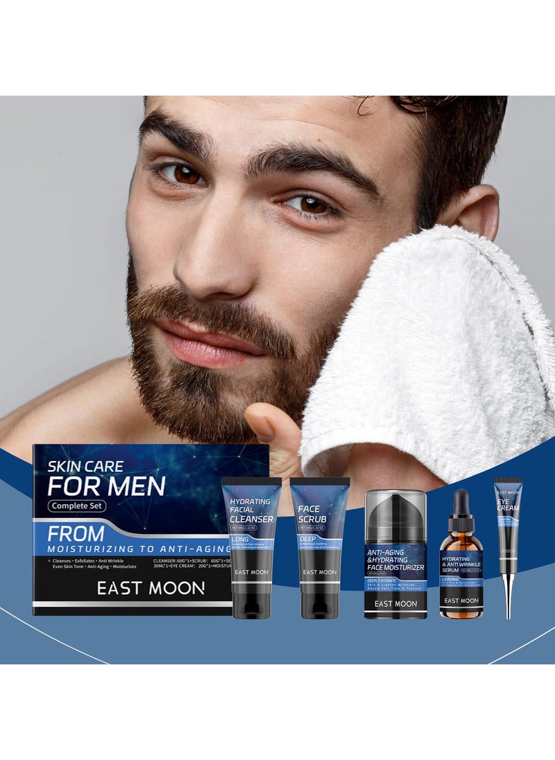 East Moon Men's Essential Skincare Gift Set - Gentle Cleansing, Deep Moisturizing, & Nourishing, Comprehensive Set with Facial Cleanser, Scrub, Serum, Eye Cream, & Moisturizer for Firmer, Brighter, Smooth Skin - Image 1
