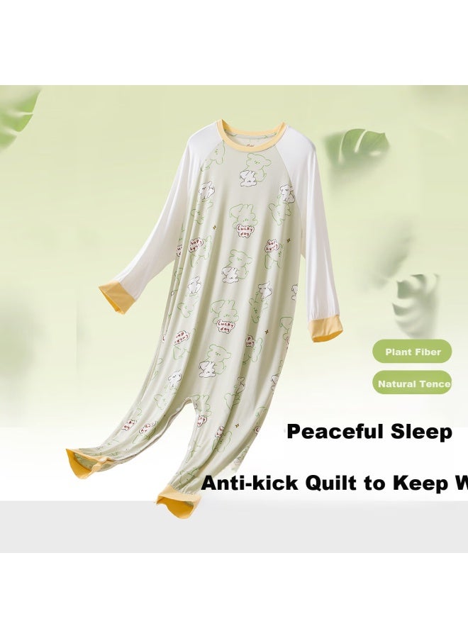 Top melon Dingguagua Children's One-piece Pajamas, Summer Thin Style, Youkesi Sleeping Bag, Long-sleeve Air Conditioning Suit, Boys' Anti-cold Home Wear, Green, Size 150 - Image 1