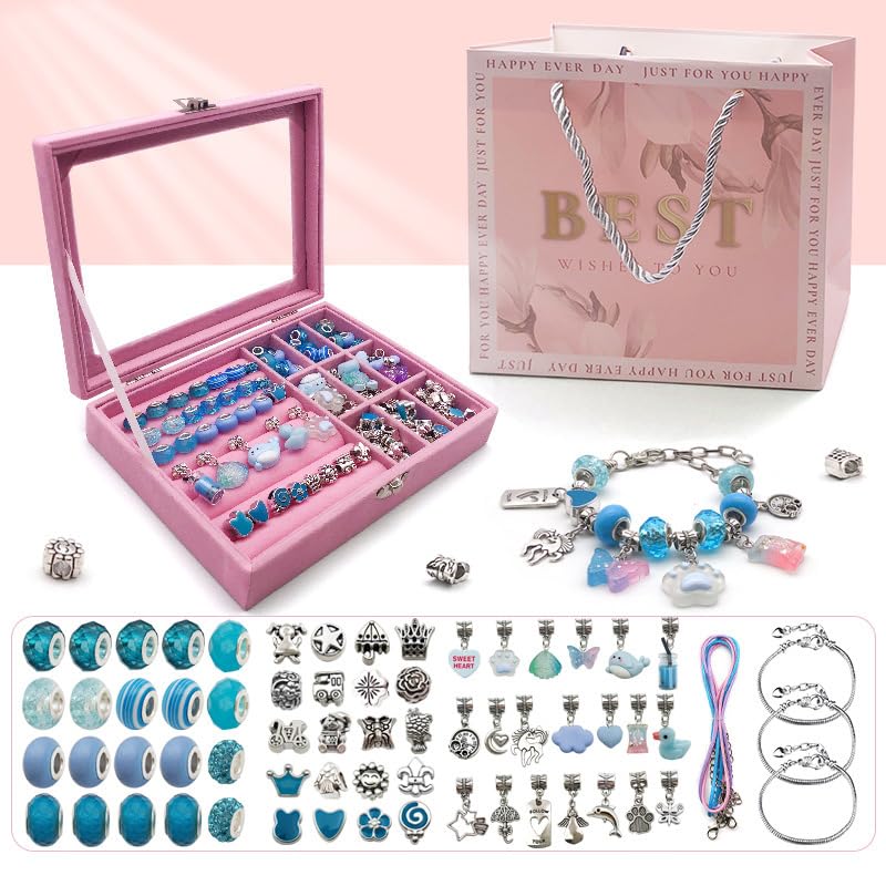 Capstro 68PCS Charm Bracelet Making Kit for Girls – Blue Jewelry Kit with Snake Chain Bracelets, Cords, Beads, Pendants, Luxury Jewelry Box & Gift Bag | DIY Bracelet Craft Set for Kids Ages 6–12