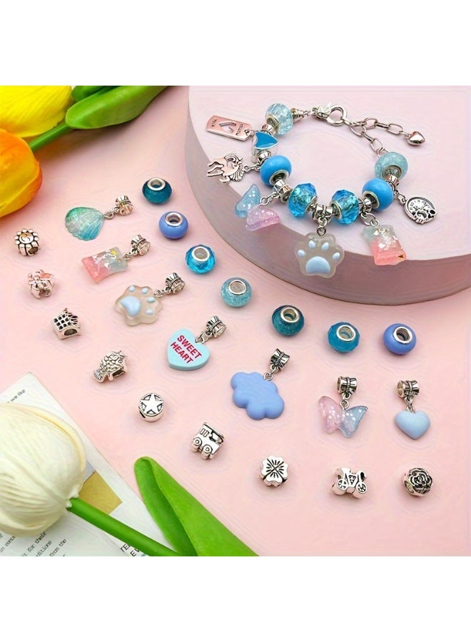 Capstro 68PCS Charm Bracelet Making Kit for Girls – Blue Jewelry Kit with Snake Chain Bracelets, Cords, Beads, Pendants, Luxury Jewelry Box & Gift Bag | DIY Bracelet Craft Set for Kids Ages 6–12 - Image 4