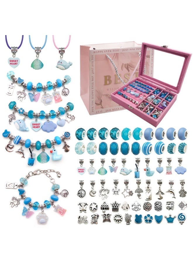 Capstro 68PCS Charm Bracelet Making Kit for Girls – Blue Jewelry Kit with Snake Chain Bracelets, Cords, Beads, Pendants, Luxury Jewelry Box & Gift Bag | DIY Bracelet Craft Set for Kids Ages 6–12 - Image 1