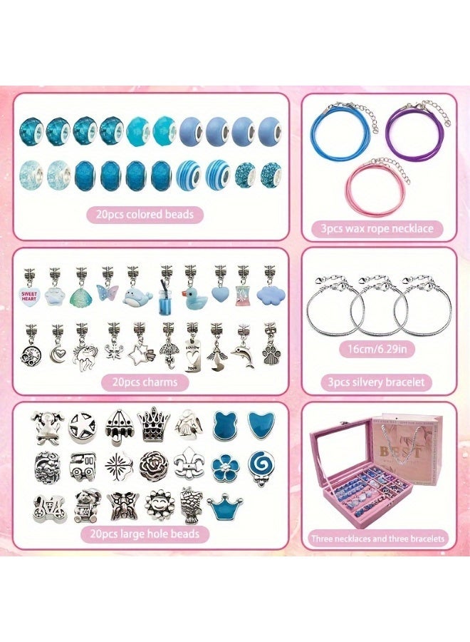 Capstro 68PCS Charm Bracelet Making Kit for Girls – Blue Jewelry Kit with Snake Chain Bracelets, Cords, Beads, Pendants, Luxury Jewelry Box & Gift Bag | DIY Bracelet Craft Set for Kids Ages 6–12 - Image 3