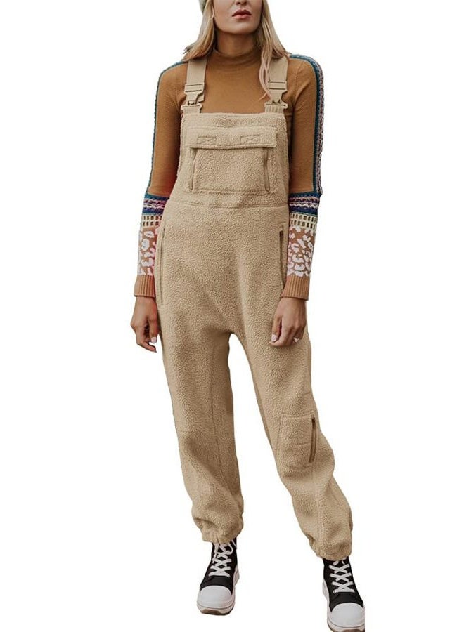 utcoco Womens Fuzzy Fleece Overall Jumpsuits Casual Loose Fit Winter Sherpa Bib Overalls with Pockets (X-Large, Khaki) - Image 1