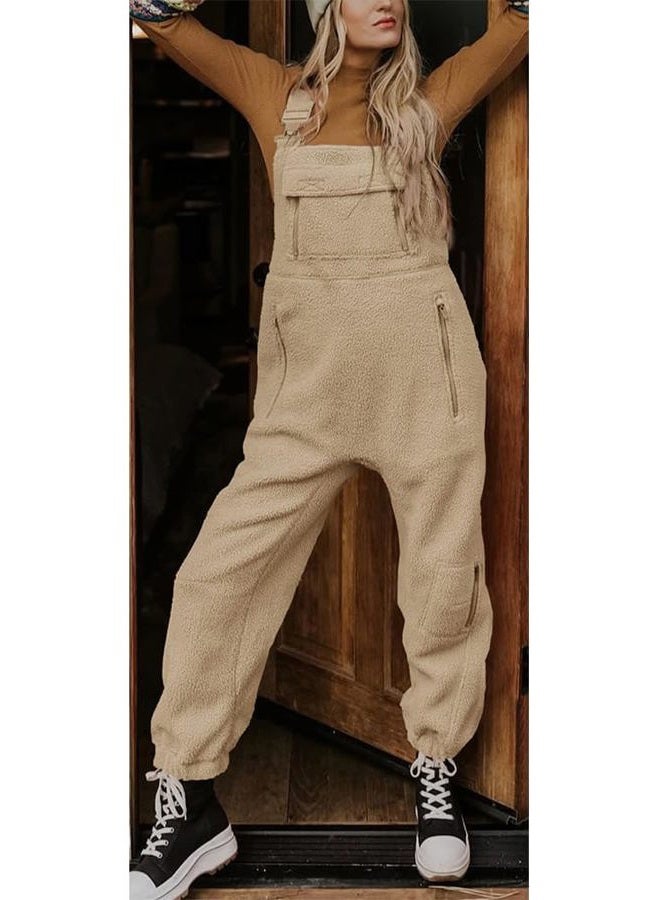 utcoco Womens Fuzzy Fleece Overall Jumpsuits Casual Loose Fit Winter Sherpa Bib Overalls with Pockets (X-Large, Khaki) - Image 2