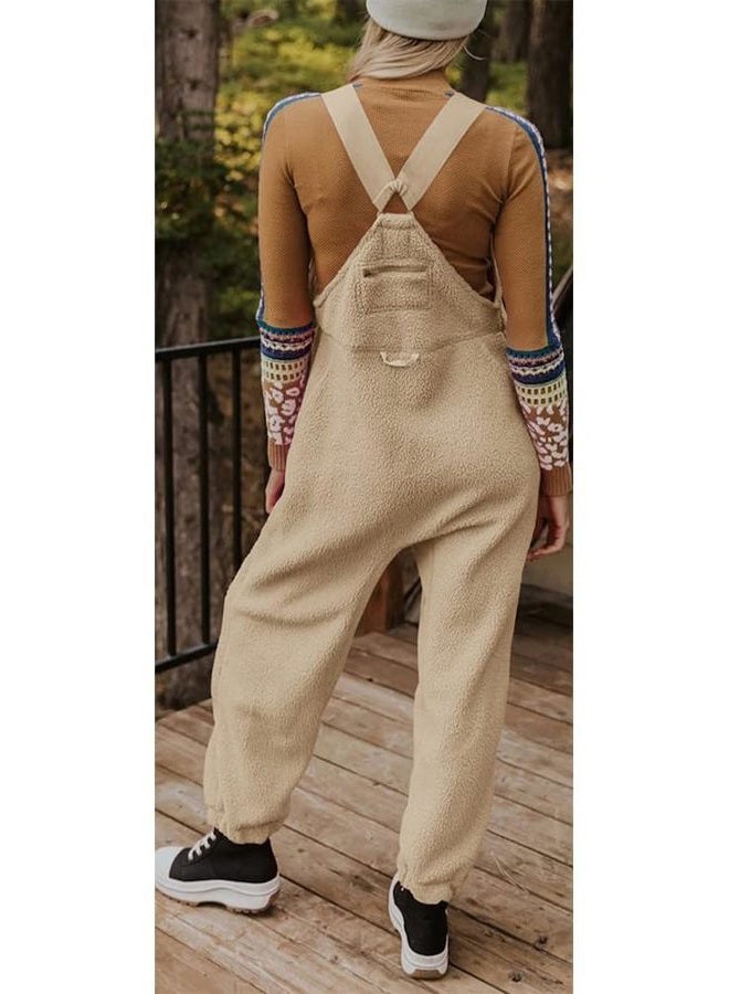 utcoco Womens Fuzzy Fleece Overall Jumpsuits Casual Loose Fit Winter Sherpa Bib Overalls with Pockets (X-Large, Khaki) - Image 4