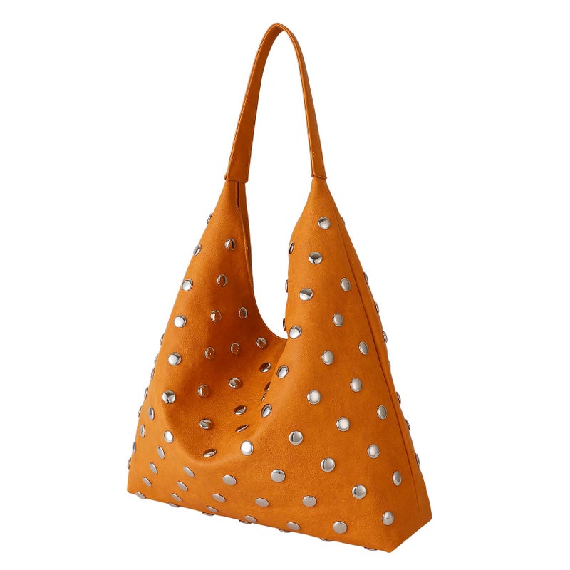 YLYYHH Studded Hobo Purse for Women, Leather Tote Bag Rivet Studded Shoulder Bag Punk Handbag (Orange) - Image 4