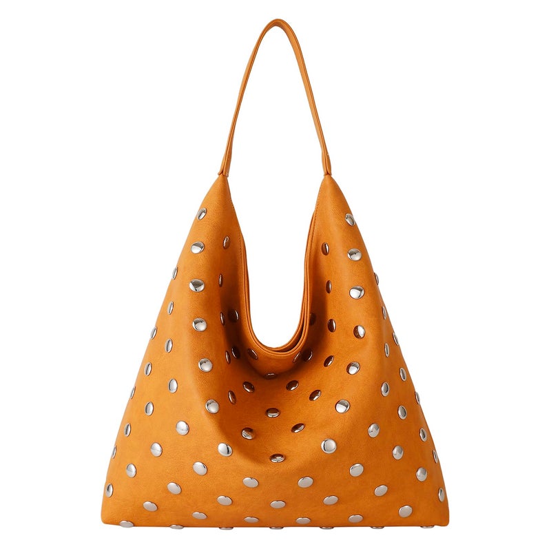 YLYYHH Studded Hobo Purse for Women, Leather Tote Bag Rivet Studded Shoulder Bag Punk Handbag (Orange) - Image 3