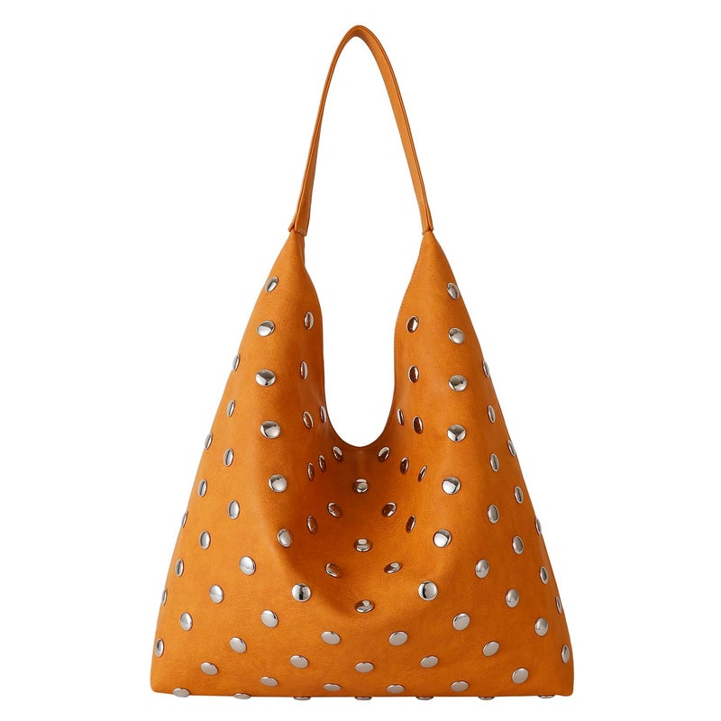 YLYYHH Studded Hobo Purse for Women, Leather Tote Bag Rivet Studded Shoulder Bag Punk Handbag (Orange) - Image 1