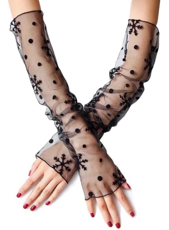 زوج واحد من قفازات نسائية طويلة رفيعة للغاية من الدانتيل للحماية من أشعة الشمس فوق البنفسجية، أكمام واقية من الشمس من التول الشبكي المبرد، قفازات بدون أصابع للاستخدام الداخلي والخارجي - بنقشة رقاقات الثلج السوداء، 45 سم