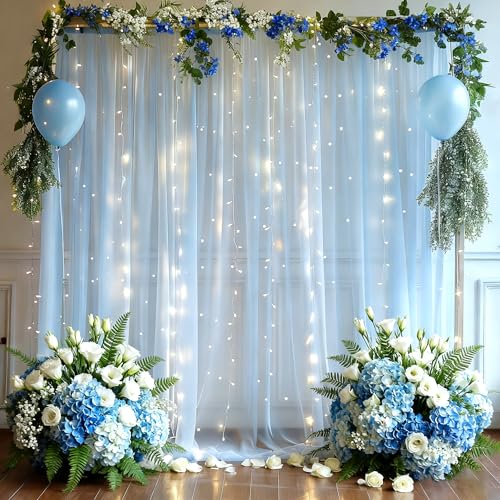 PARTISKY 10x8ft Baby Blue Tulle Backdrop Curtain with Lights String for Parites Sheer Photo Backdrop Curtains for Wedding Baby Shower Baby Boy Shower Birthday Party Photo Shoot Background Decorations - Image 1