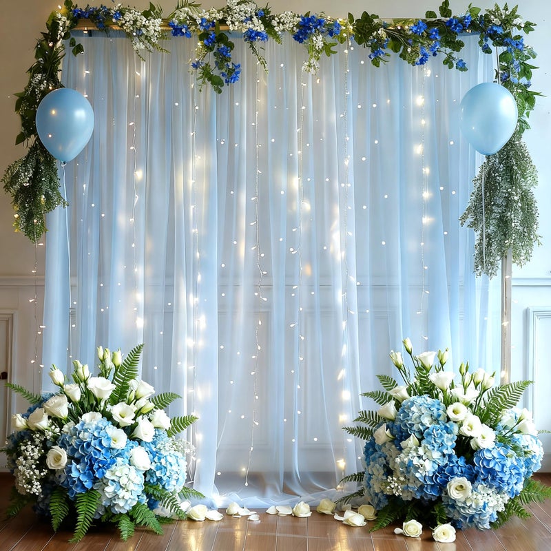 PARTISKY 10x8ft Baby Blue Tulle Backdrop Curtain with Lights String for Parites Sheer Photo Backdrop Curtains for Wedding Baby Shower Baby Boy Shower Birthday Party Photo Shoot Background Decorations - Image 2