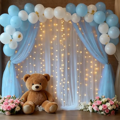 PARTISKY 10x8ft Baby Blue Tulle Backdrop Curtain with Lights String for Parites Sheer Photo Backdrop Curtains for Wedding Baby Shower Baby Boy Shower Birthday Party Photo Shoot Background Decorations - Image 3