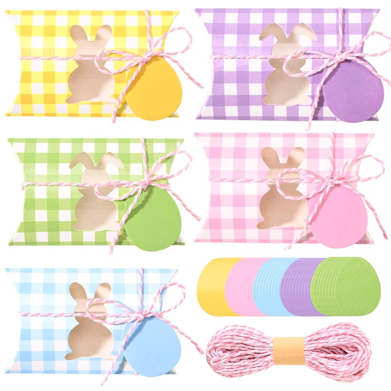 Sanixin 50Pcs Easter Treat Boxes with Bunny Window Spring Pastel Plaid Gift Boxes with Tags Hemp Rope Bunny Cookie Boxes for Easter Party Spring Holidays Birthday Party Supplies 5 Colors - Image 2