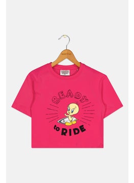 Looney Tunes Toddlers Girl Crew Neck Short Sleeves Embroidered Crop T-Shirt, Dark Pink  - Image 1
