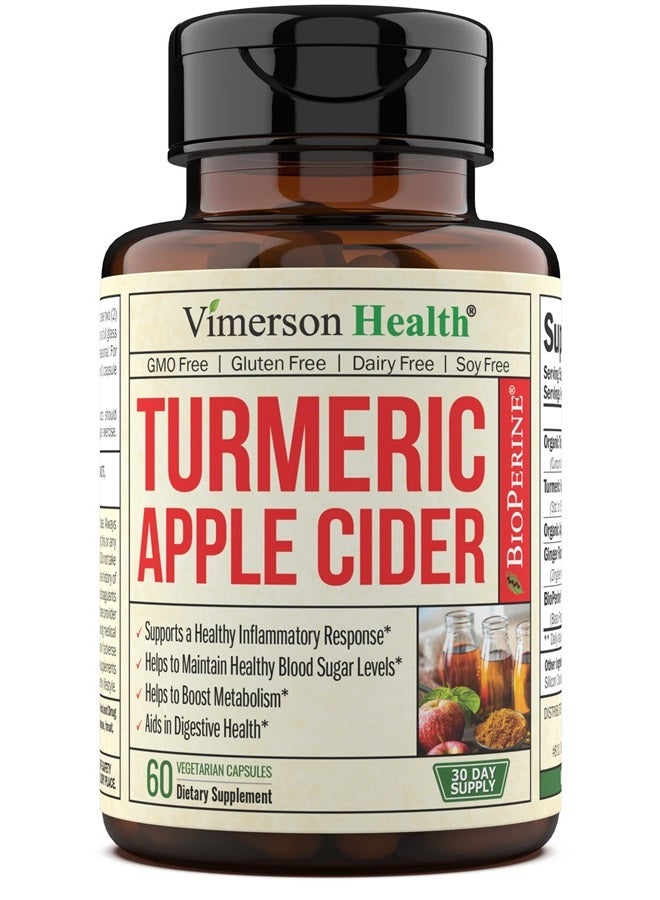 Vimerson Health Apple Cider Vinegar Capsules with Turmeric Curcumin and Black Pepper - 95% Curcuminoids - Vegan Supplement for Joint Support and Digestive Health - Made with Organic Tumeric, Ginger Root and Bioperine - Image 1