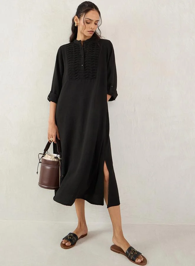 Femmella Black Mandarin Collar Buttoned Midi Dress