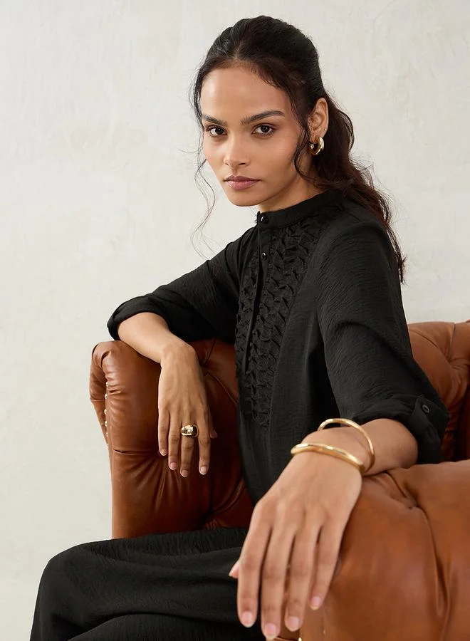 Femmella Black Mandarin Collar Buttoned Midi Dress