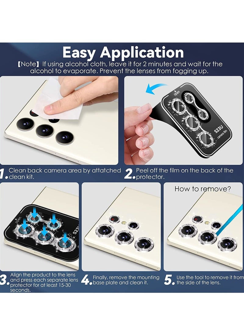 ELTRAZONE Samsung Galaxy S23 Ultra Camera Lens Protector, 9H Tempered Glass + Aluminum Alloy Metal Individual Lens Screen Ring for S23 Ultra 6.8in 5G 2023 - Glitter Silver - Image 4