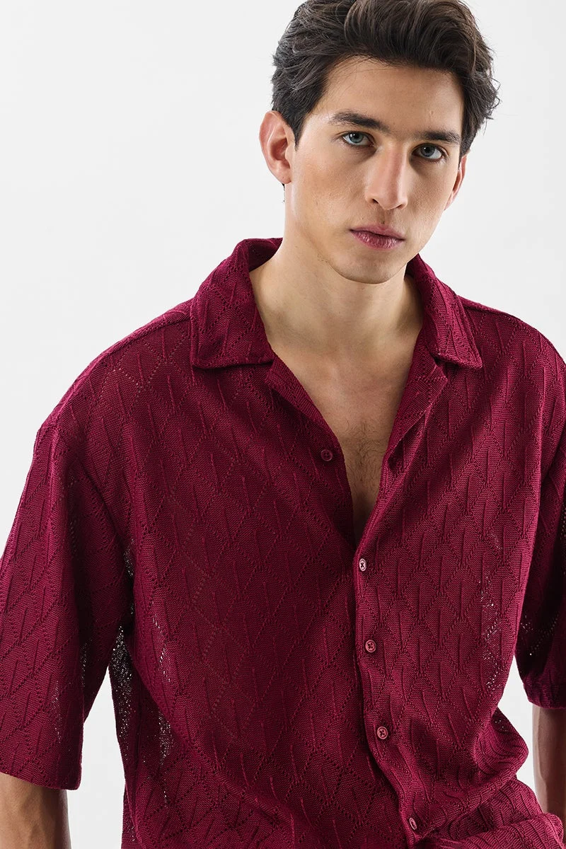 سنيتش Burgundy Textured Half Sleeve Oversized Shirt
