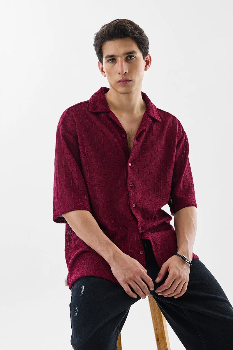 SNITCH Burgundy Textured Half Sleeve Oversized Shirt