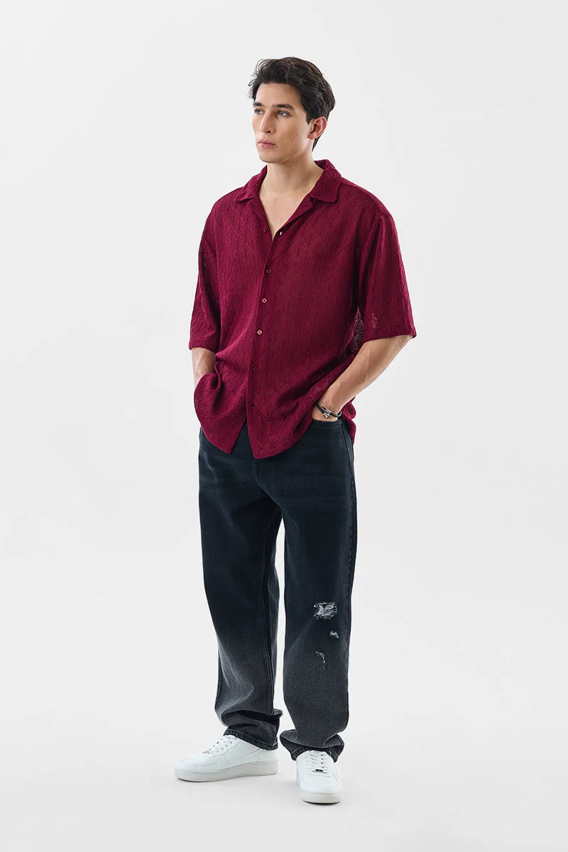SNITCH Burgundy Textured Half Sleeve Oversized Shirt