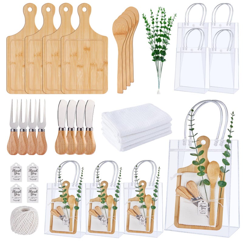 Rigibright Baby Shower Prizes for Game Winners 4 Sets Bamboo Cheese Board Spoon Fork Butter Spreaders Plaid Towel Thank You Card and Gift Bags for Baby Shower Wedding Bridal Shower Favors (Bamboo Color, 4 Sets) - Image 1