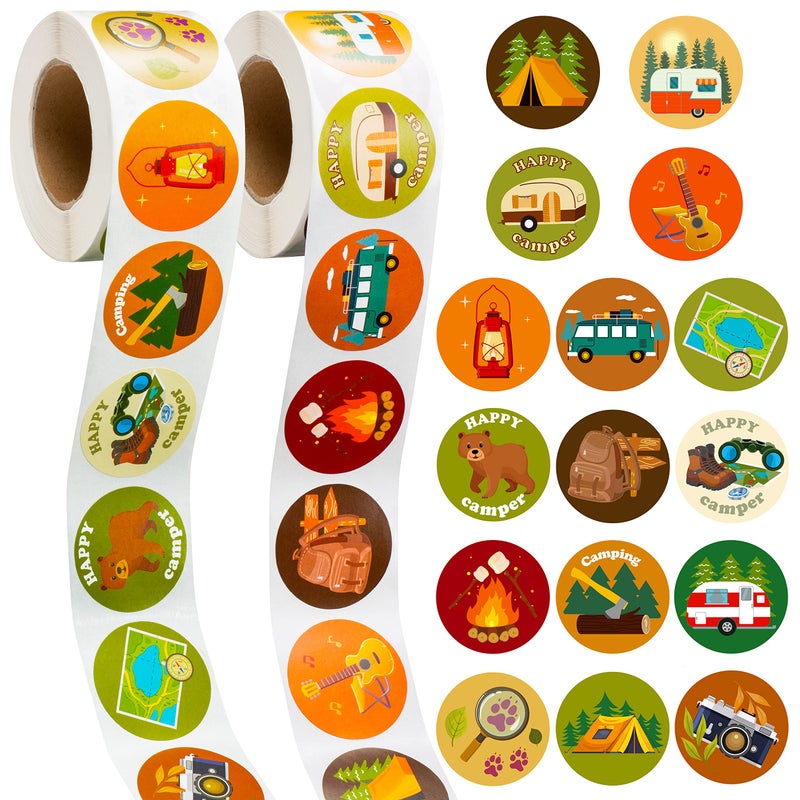 A1diee 1000Pcs Travel Camping Stickers in 2 Rolls Happy Camper Tent Bonfire Guitar Map Camera Travel Bag Car Themed Self Adhesive Decals for Birthday Gifts Bag Party Supplies School Activity Reward - Image 3