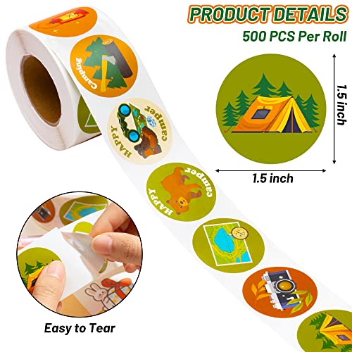 A1diee 1000Pcs Travel Camping Stickers in 2 Rolls Happy Camper Tent Bonfire Guitar Map Camera Travel Bag Car Themed Self Adhesive Decals for Birthday Gifts Bag Party Supplies School Activity Reward - Image 5