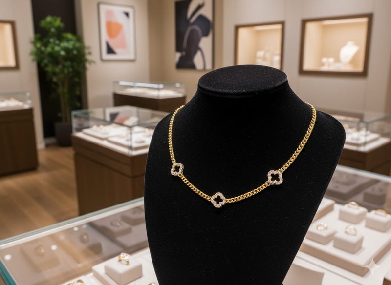 كوليه بسلسلة عريضة مطلية باللون الذهبي ، تتخللها ثلاث وحدات متماثلة على شكل زهرة مفتوحة. بلمسة فضية لامعة - بوصلات إضافية لضبط المقاس. - Image 2