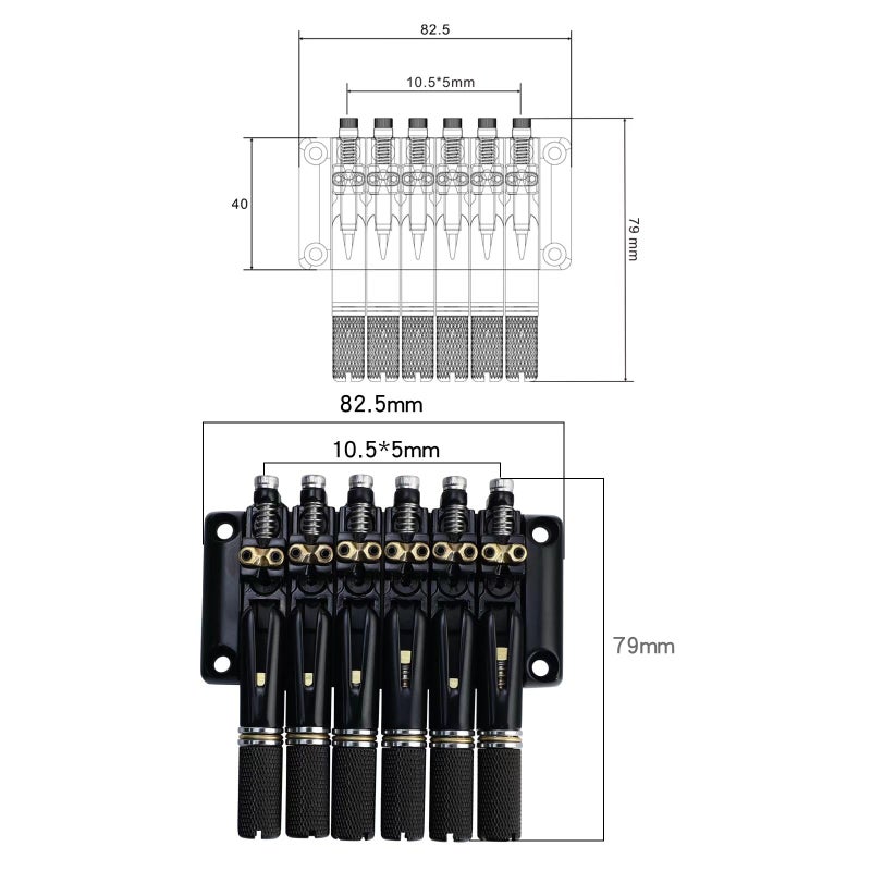 OVSAL 10.5mm Headless Electric Guitar Bridge All-Black Headless Bass Guitar Bridge Brass Saddles Zinc Alloy Plate Electric Guitar Bridge 6 String Headless Guitar Fixed Bridge - Image 5