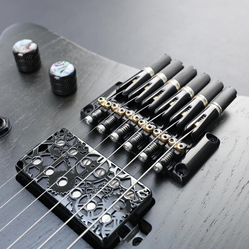 OVSAL 10.5mm Headless Electric Guitar Bridge All-Black Headless Bass Guitar Bridge Brass Saddles Zinc Alloy Plate Electric Guitar Bridge 6 String Headless Guitar Fixed Bridge - Image 4