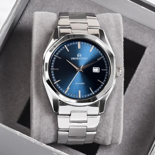 SWADESI STUFF Men's Stylish Black Color Date Display 42mm Hexagon Dial Stainless Steel Silver Strap Analog Watch (Blue) - Image 2