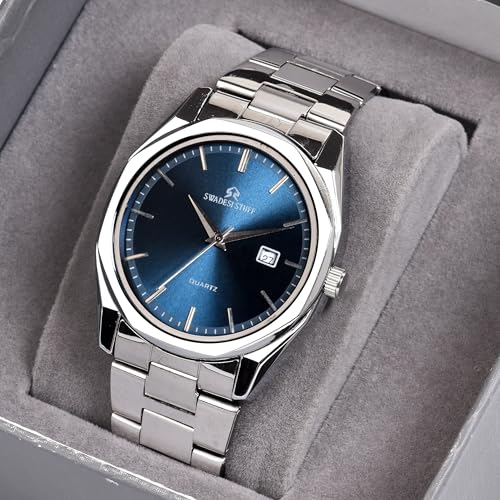 SWADESI STUFF Men's Stylish Black Color Date Display 42mm Hexagon Dial Stainless Steel Silver Strap Analog Watch (Blue) - Image 4