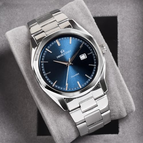 SWADESI STUFF Men's Stylish Black Color Date Display 42mm Hexagon Dial Stainless Steel Silver Strap Analog Watch (Blue) - Image 3