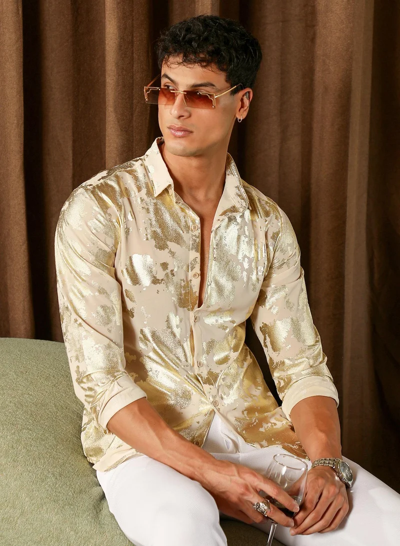 Campus Sutra Men Metallic-Foil Imprint Shirt | Spread Collar , Long Cuffed Sleeves | Button Closure Curved Hem | Abstract Print Plain | Woven Fabric For Party & Evening Wear | Buff Beige