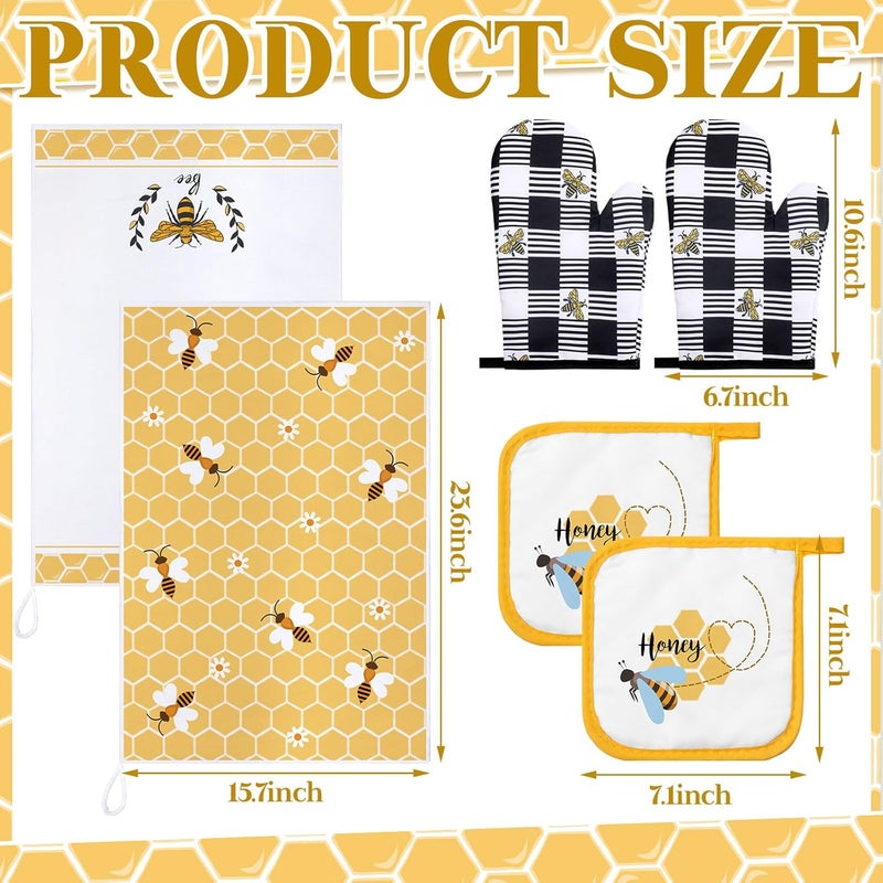 Bencailor Bencailor 6 Pcs Bee Kitchen Towels Oven Mitts and Pot Holders Sets Dish Towels Non Slip Heat Resistant Oven Gloves for Summer Baking Cooking SuppliesWhite and YellowHappy Bee - Image 3